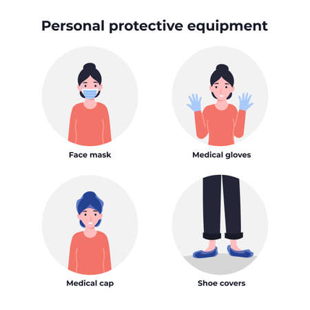 Personal protective equipment, PPE, face mask, medical cap and gloves, shoe covers. Coronavirus prevention. Covid-19. Flat vector cartoon modern illustration.のイラスト素材