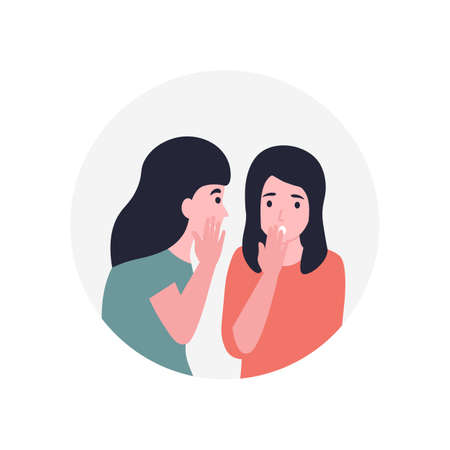 Girls spread rumors. Gossip women. Girlfriend whispering a secret in her friends ear. Flat vector...