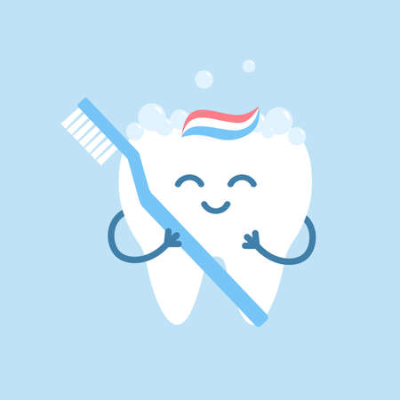 Happy cute cartoon tooth holding a toothbrush. Flat vector cartoon character illustration. Dentistry modern concept.のイラスト素材