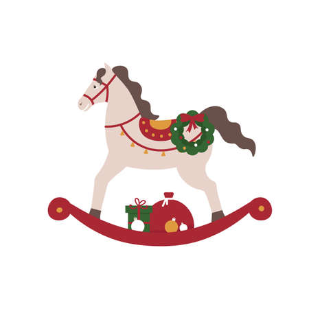 New year rocking horse with gifts and new year wreath. Merry Christmas and New Year. Xmas. Flat vector cartoon illustration.のイラスト素材