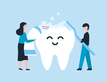 Boy and girl brushing happy cartoon big tooth. Flat vector cartoon illustration. Dentistry modern concept.のイラスト素材