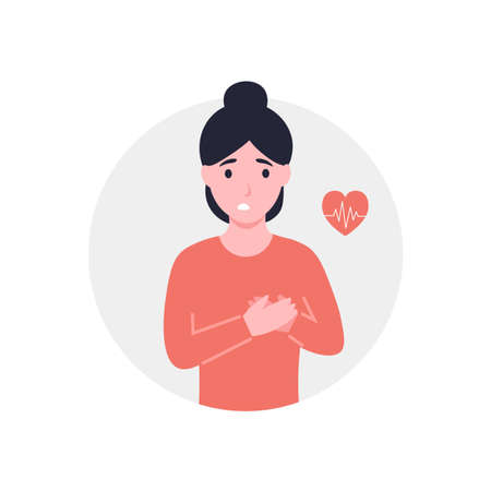 Rapid pulse or heart attack, pain. Woman holds hands on chest. Girl with strong chest pain, feel pressure or squeezing. Flat vector cartoon modern illustration.のイラスト素材