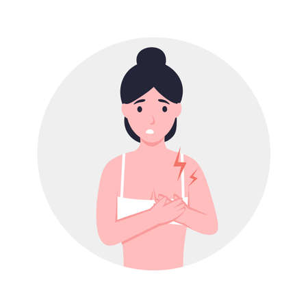 Woman holding her chest, girl with strong chest pain, close up. Flat vector cartoon modern illustration.のイラスト素材