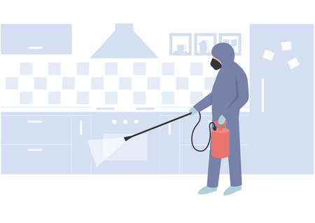 Pest Control Specialist, uniformed professional eliminate and prevent pest on the kitchen using...