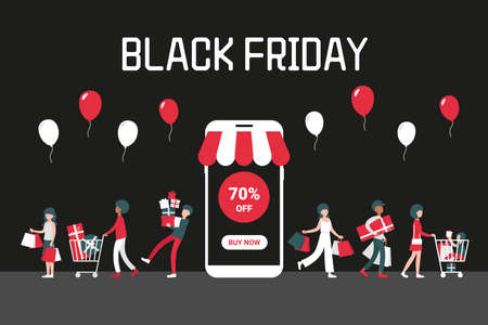 Black friday concept with phone on black background, people with shopping bags and cart. 70 off. Flat vector cartoon modern illustration for banner, poster, template, layout.のイラスト素材