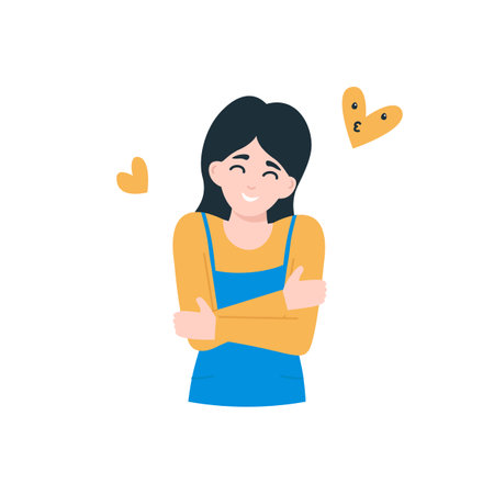 Girl hugs herself, Love yourself, body positive concept. Flat vector cartoon illustration.のイラスト素材