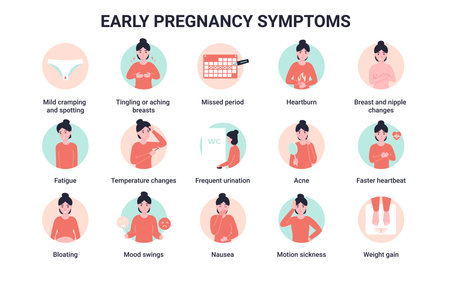 Big Set early pregnancy symptoms. Flat vector cartoon modern icons illustration. Infographics signs.のイラスト素材