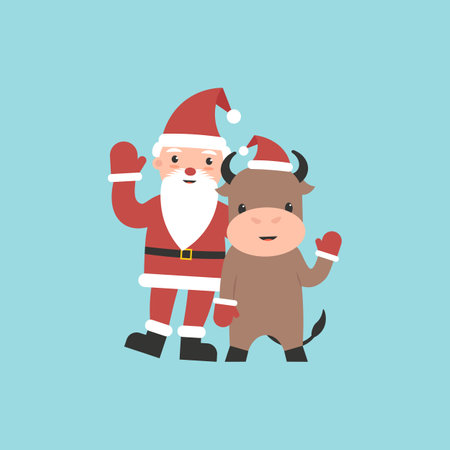 Character bull and Grandfather Frost waving hands. Xmas and New Year cute symbol isolated background. Flat vector cartoon modern illustration.のイラスト素材