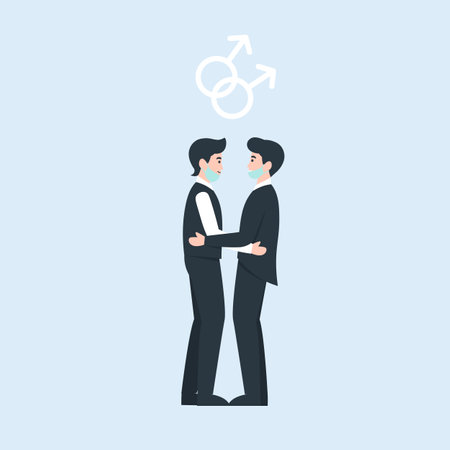 Two grooms in medical masks. oronavirus same sex love wedding. Medical protective face mask at marriage. Flat vector cartoon illustration.のイラスト素材
