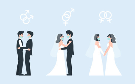 Set weddings love. Coronavirus same sex love wedding. Medical protective face mask at marriage. Flat vector cartoon illustration.のイラスト素材