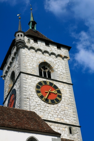 Closed up on clock tower, St.Johann, Schaffhausen, Switzerland