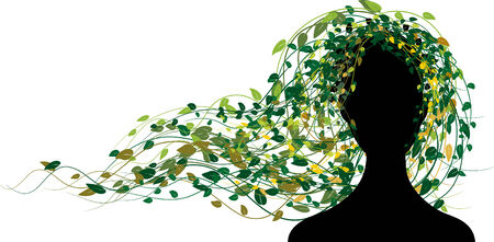 Silhouette of woman with hair from leaves. Vector illustrationのイラスト素材