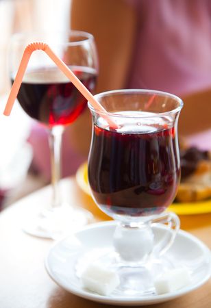 Two glasses with mulled wine in cafeの写真素材