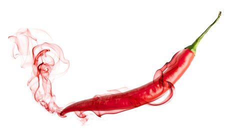 Red hot chili pepper with smoke. Isolated on white backgroundの写真素材