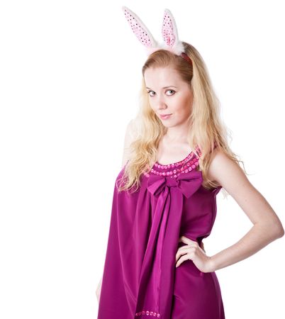 Girl with bunny ears. Isolated on white backgroundの写真素材