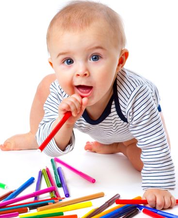 Child with pencils. Isolated on the white backgroundの写真素材