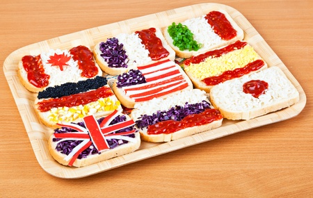Sandwiches with flags of different countriesの写真素材