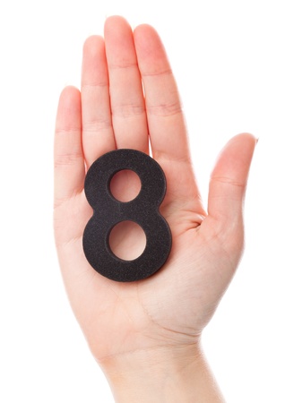 A number eight in the hand. Isolated on a white background
