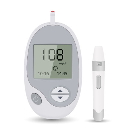Glucometer and Syringe for Sugar Diabetes Monitoring with Copy Space Isolated on Whiteのイラスト素材