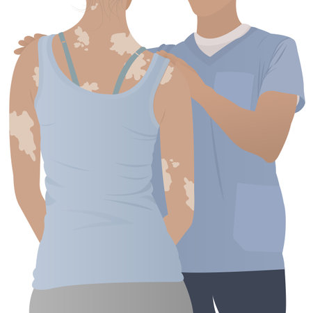 Young woman with vitiligo on the skin at the doctor's appointment. Beauty diversity concept, positive body, self-acceptance, chronic skin disease awareness, illustrationのイラスト素材