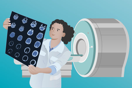 Diagnosis of diseases of the brain in a doctor looking at magnetic resonance imaging (MRI) Diagnosis of a patient's neurodegenerative diseaseのイラスト素材