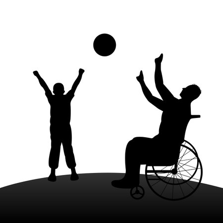Disabled man in wheelchair playing ball with child. happy family conceptのイラスト素材
