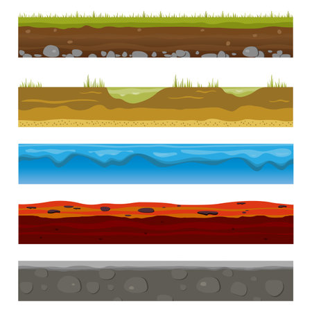 Seamless earth surface. Green grass land landscape, sandy desert and sea water beach. Soil layers texture for game level design, isolated cartoon vector fabric setのイラスト素材