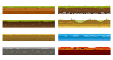 Seamless earth surface. Green grass land landscape, sandy desert and sea water beach. Soil layers texture for game level design, isolated cartoon vector fabric setのイラスト素材