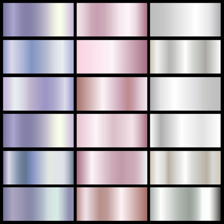 Set of pink, neon, and silver texture backgrounds. Metallic gradient vector template. Vector graphics of glowing rainbow patterns. Metal gradient hologram collectionのイラスト素材