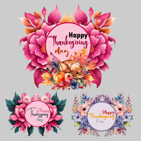 Happy Thanksgiving day greeting card with watercolor flowers. Vector illustration.のイラスト素材