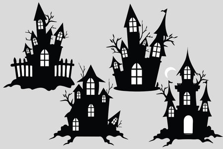 Halloween haunted house silhouettes isolated on gray background. Vector illustration.のイラスト素材