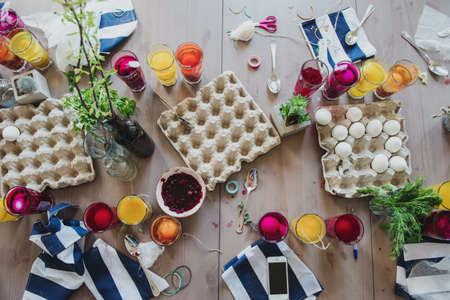 colors pot on a table with some objects