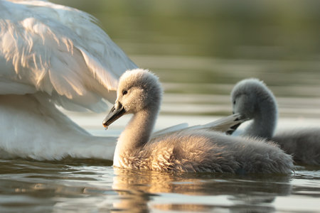 Cygnets on the water during sunsetの写真素材