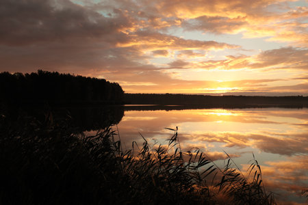 Sunrise over the lake on a cloudy autumn dayの写真素材