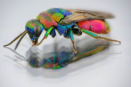 Macro of a cuckoo wasp, hedychrum rutilans, with reflection on the glossy underground.