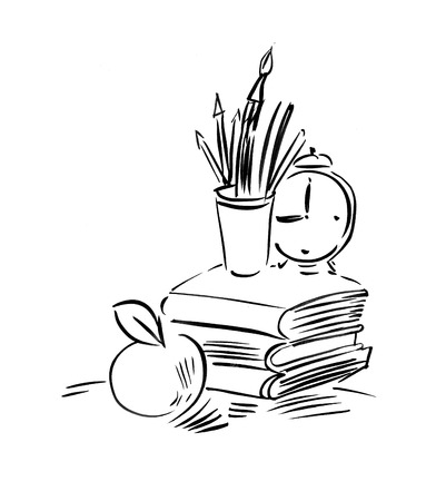 Back to school, Black and white line drawing, Isolated on whiteの写真素材