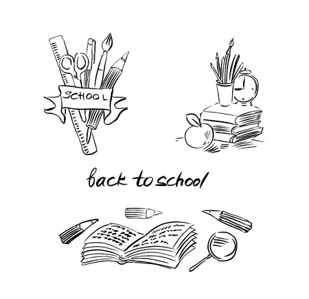 Back to school, Black and white line drawing, Isolated on whiteの写真素材