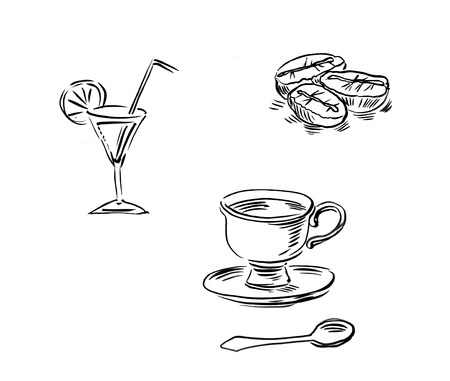 illustration of Hand drawn illustration of Coffee beans, coffee cup and cocktail glassの写真素材
