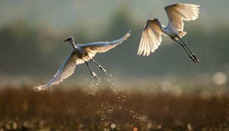 Egrets flying in the morning light over a meadow.の写真素材