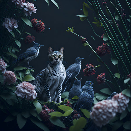 cat and birds sitting on a grass  with flowersの素材