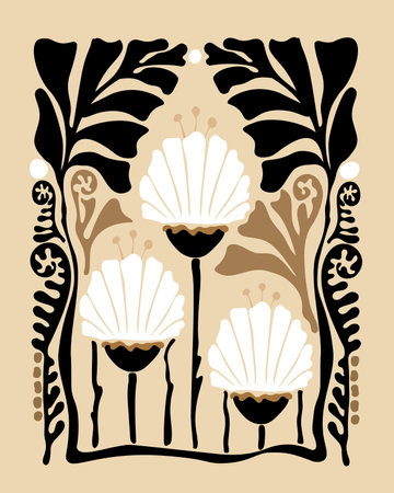 A modern, minimalist floral design with abstract shapes in beige, white, and black.のイラスト素材