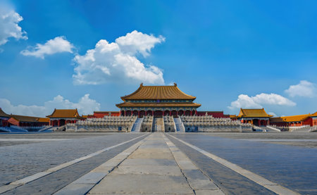Panoramic view of the Hall of Supreme Harmony in the Forbidden City, Beijing, showingcasing magnificent traditional Chinese architecture.の写真素材