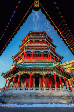 Low angle architectural view of the Tower of Buddhist Incense at Beijing Summer Palace framed by...