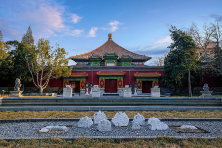 Historic Wanfo Building ruins in Beijing's Beihai Park, featuring traditional Chinese architecture and peaceful garden surroundings.の写真素材