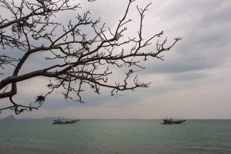 Fishing boats in sea and dark cloud.の写真素材