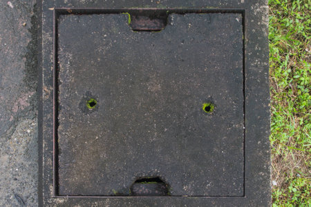 Lid drain paving on pavement resemble face to be view cute.の写真素材
