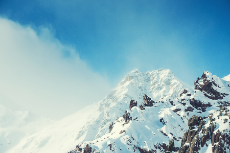 Snow storm in the mountains. Beautiful winter landscapeの写真素材