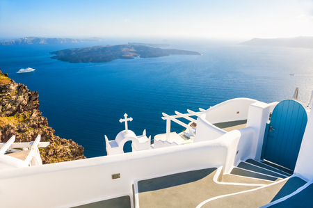 White architecture on Santorini island, Greece. Beautiful landscape with sea view.の写真素材