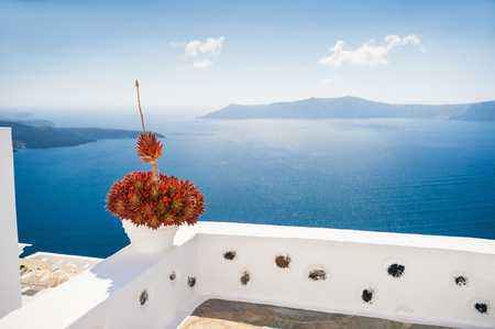 White architecture on Santorini island, Greece. Beautiful landscape with sea view. Selective focusの写真素材