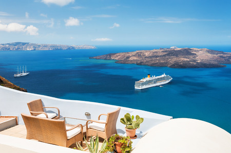Beautiful terrace with sea view. Santorini island, Greece.の写真素材
